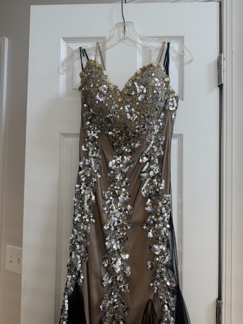 JVN by Jovani Black and Nude Sequin Appliqué Mermaid Gown - Picture 2 of 6